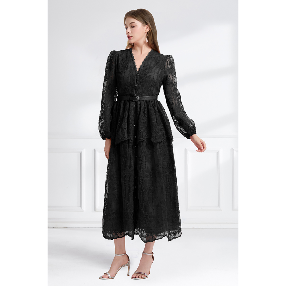 Autumn pinched waist V-neck cake double long lace dress