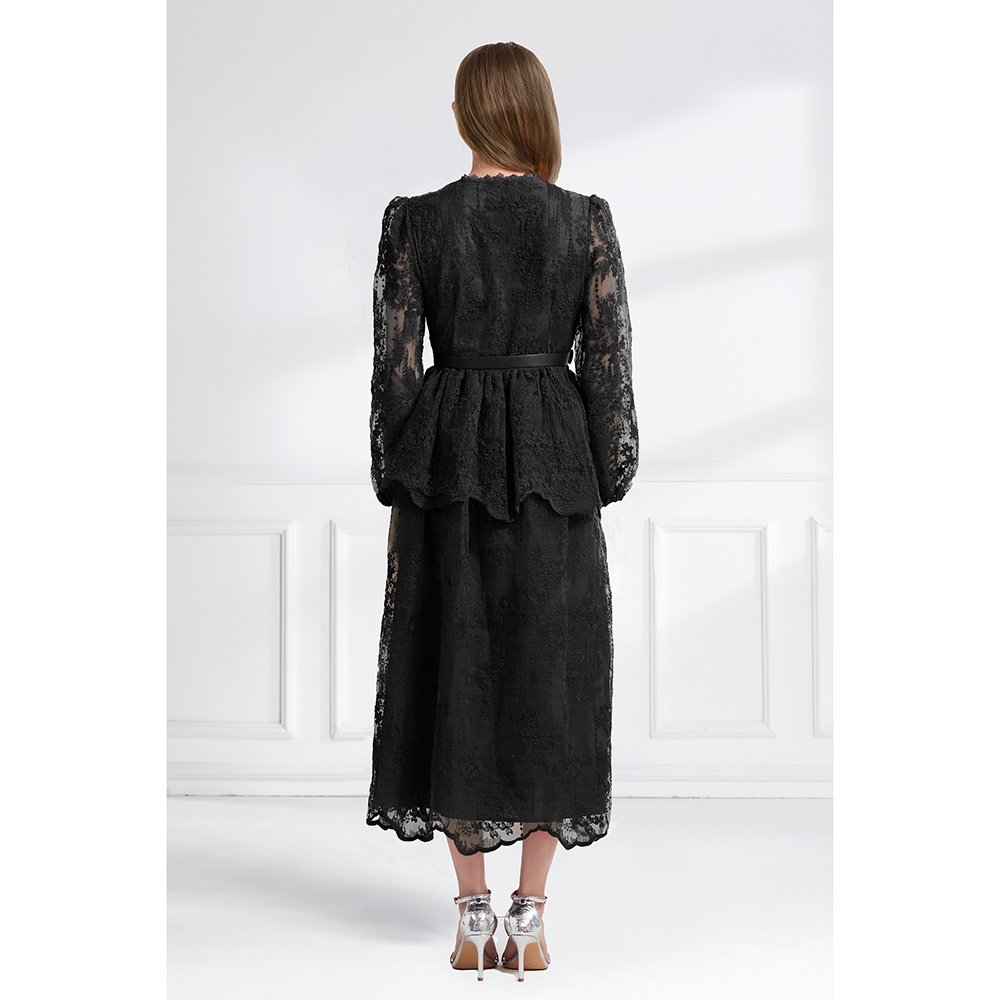 Autumn pinched waist V-neck cake double long lace dress