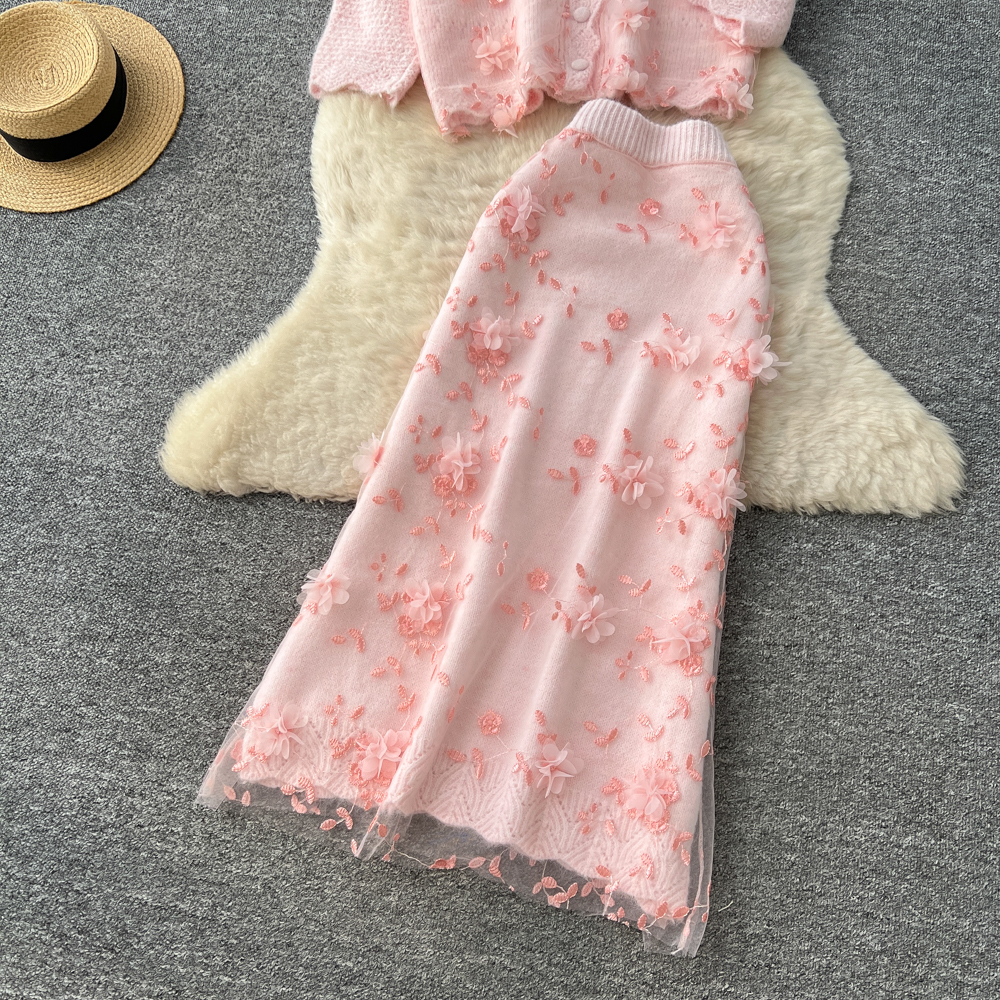 Embroidery tender skirt flowers tops 2pcs set for women
