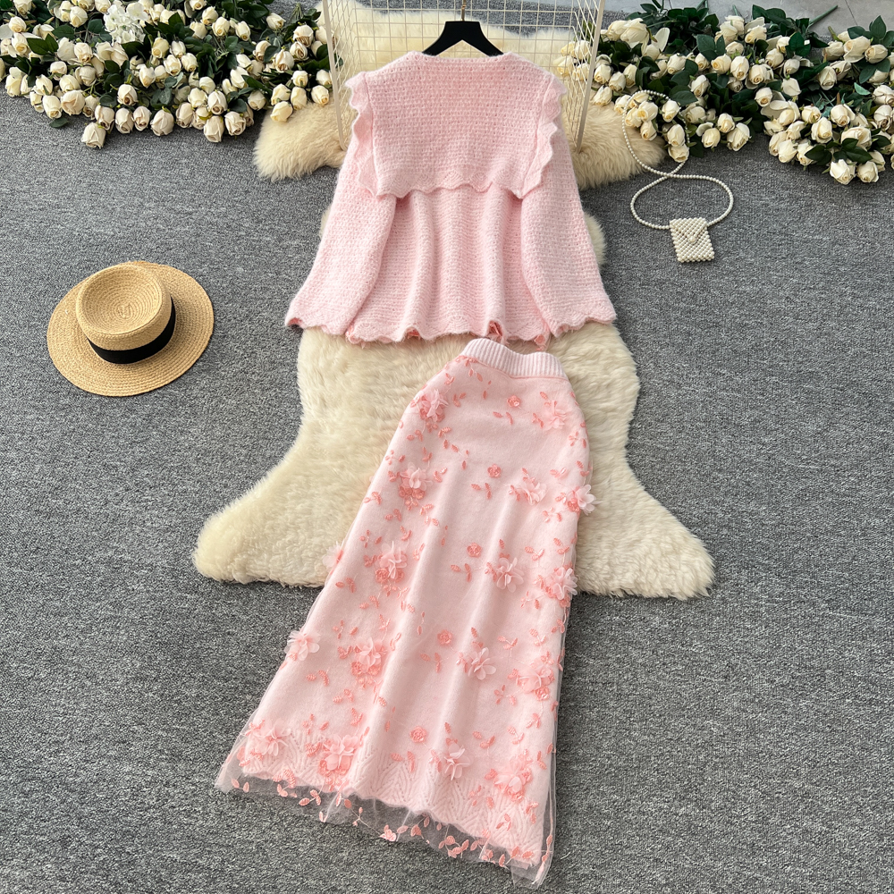 Embroidery tender skirt flowers tops 2pcs set for women
