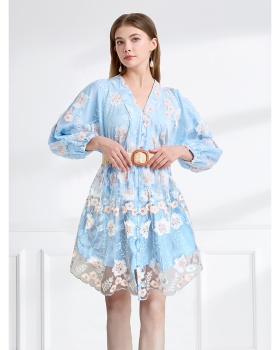 Embroidered lantern sleeve pinched waist dress