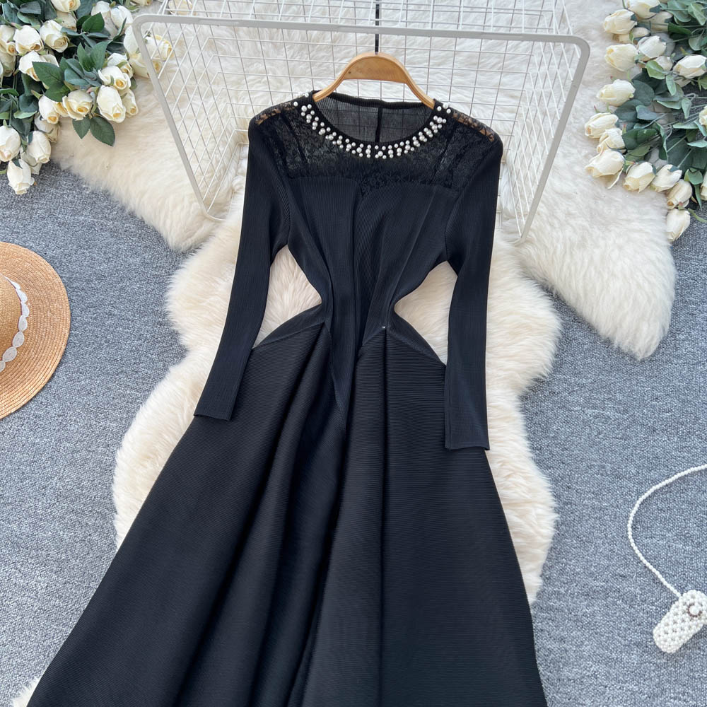 Autumn round neck long dress slim pinched waist dress for women