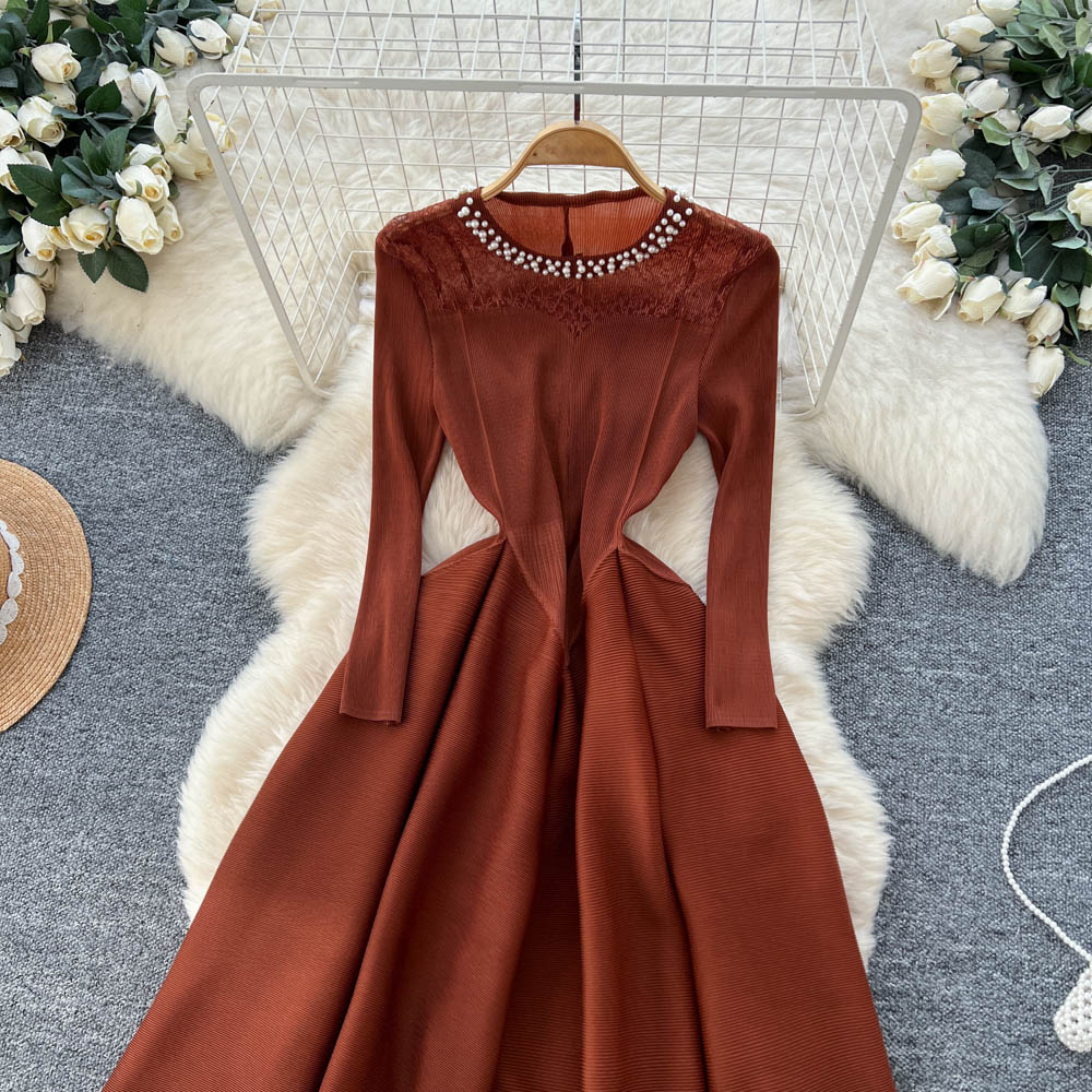 Autumn round neck long dress slim pinched waist dress for women