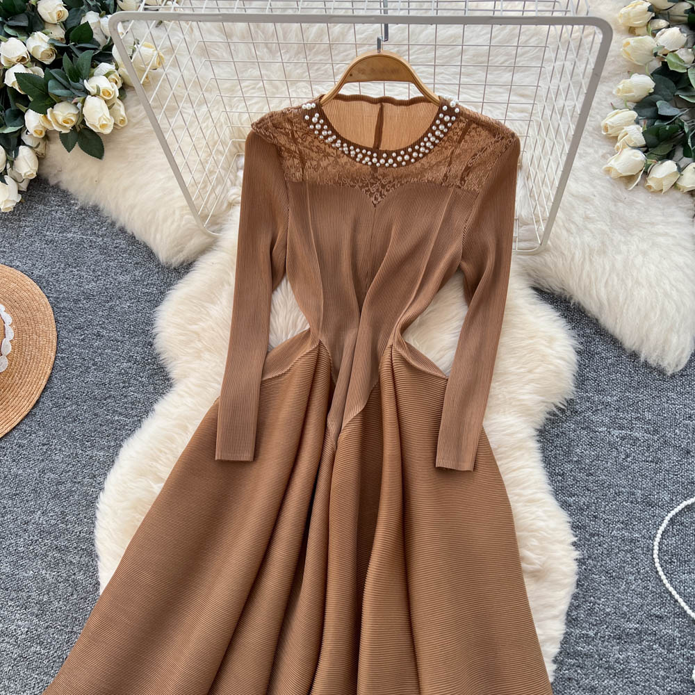 Autumn round neck long dress slim pinched waist dress for women
