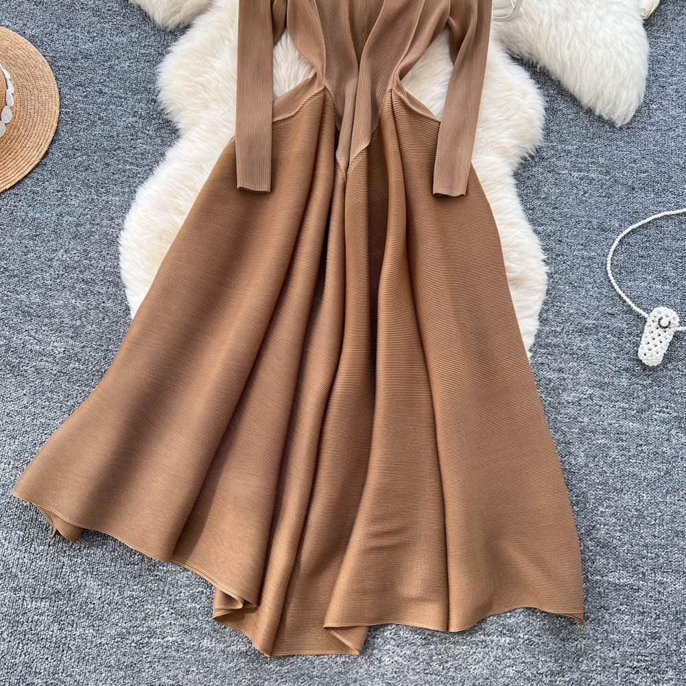 Autumn round neck long dress slim pinched waist dress for women