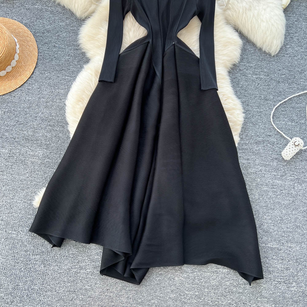 Autumn round neck long dress slim pinched waist dress for women