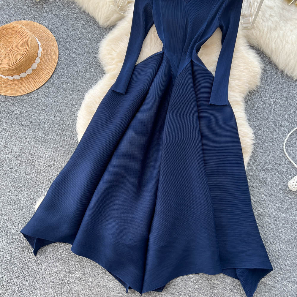 Autumn round neck long dress slim pinched waist dress for women