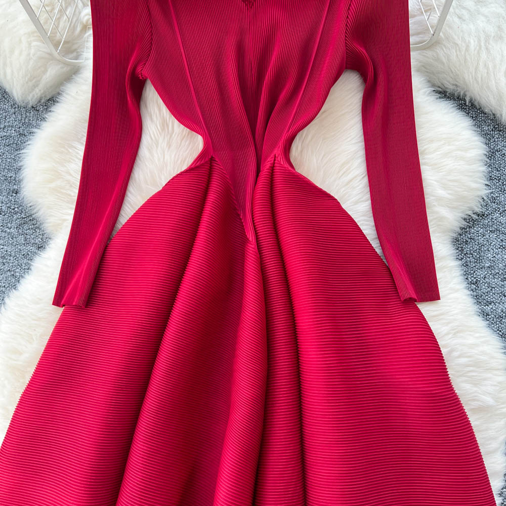 Autumn round neck long dress slim pinched waist dress for women