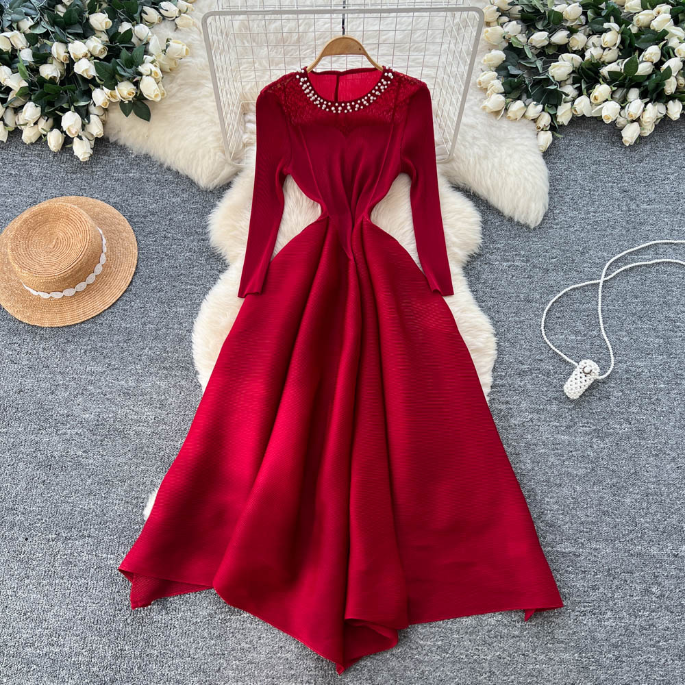 Autumn round neck long dress slim pinched waist dress for women