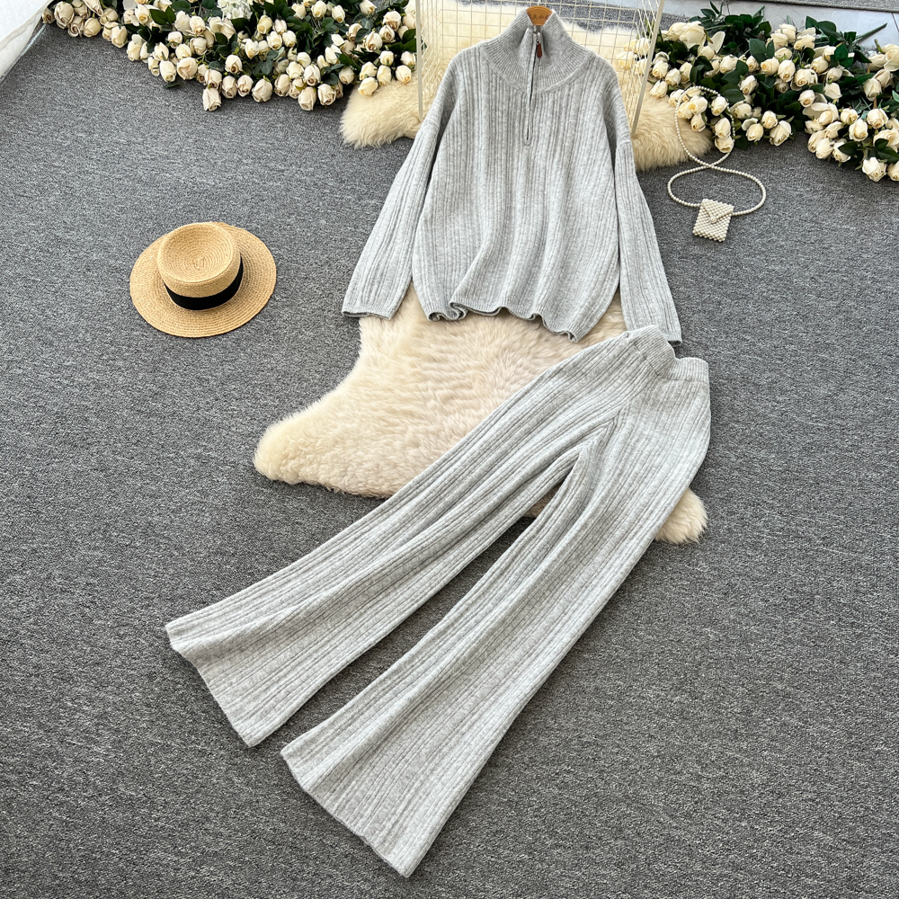 Lazy autumn and winter all-match wide leg tops 2pcs set