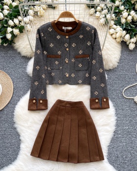 High waist embroidery coat short skirt 2pcs set