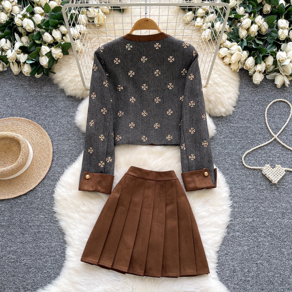 High waist embroidery coat short skirt 2pcs set