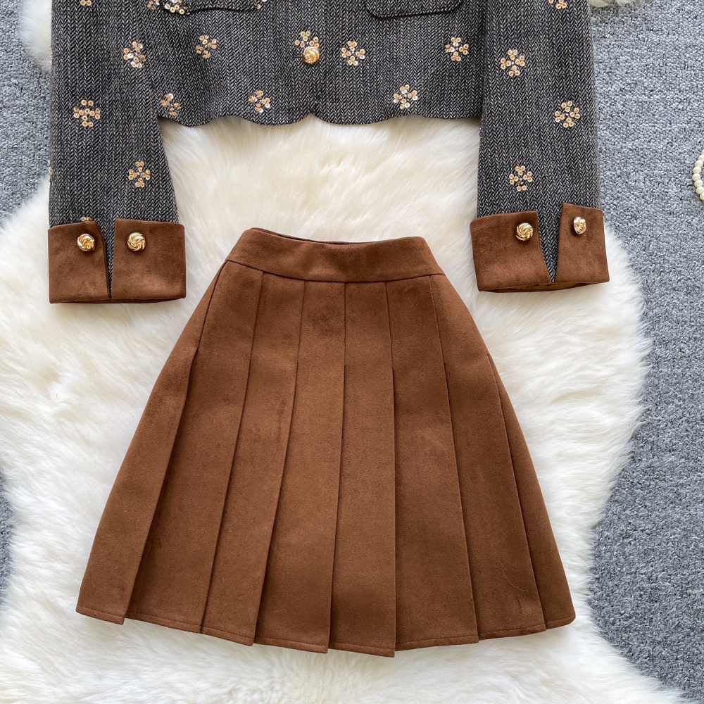 High waist embroidery coat short skirt 2pcs set