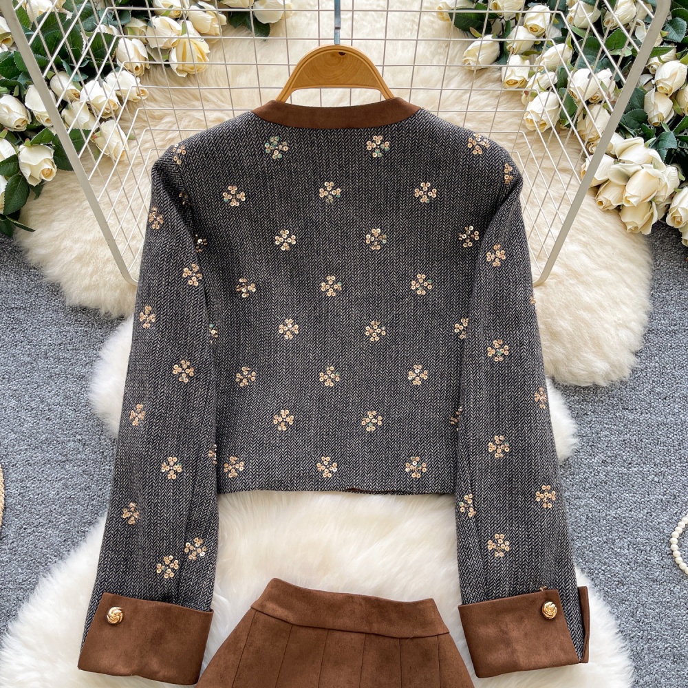 High waist embroidery coat short skirt 2pcs set