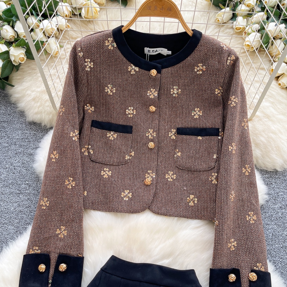 High waist embroidery coat short skirt 2pcs set