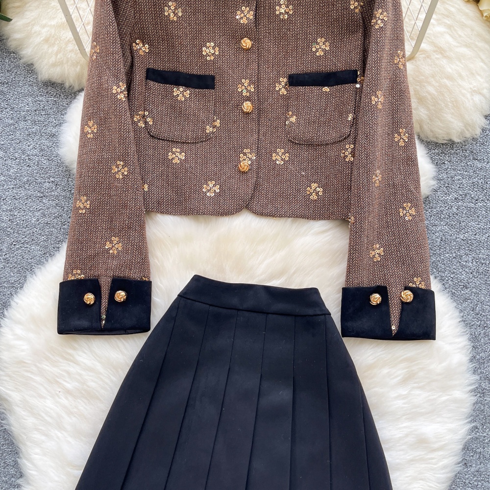 High waist embroidery coat short skirt 2pcs set