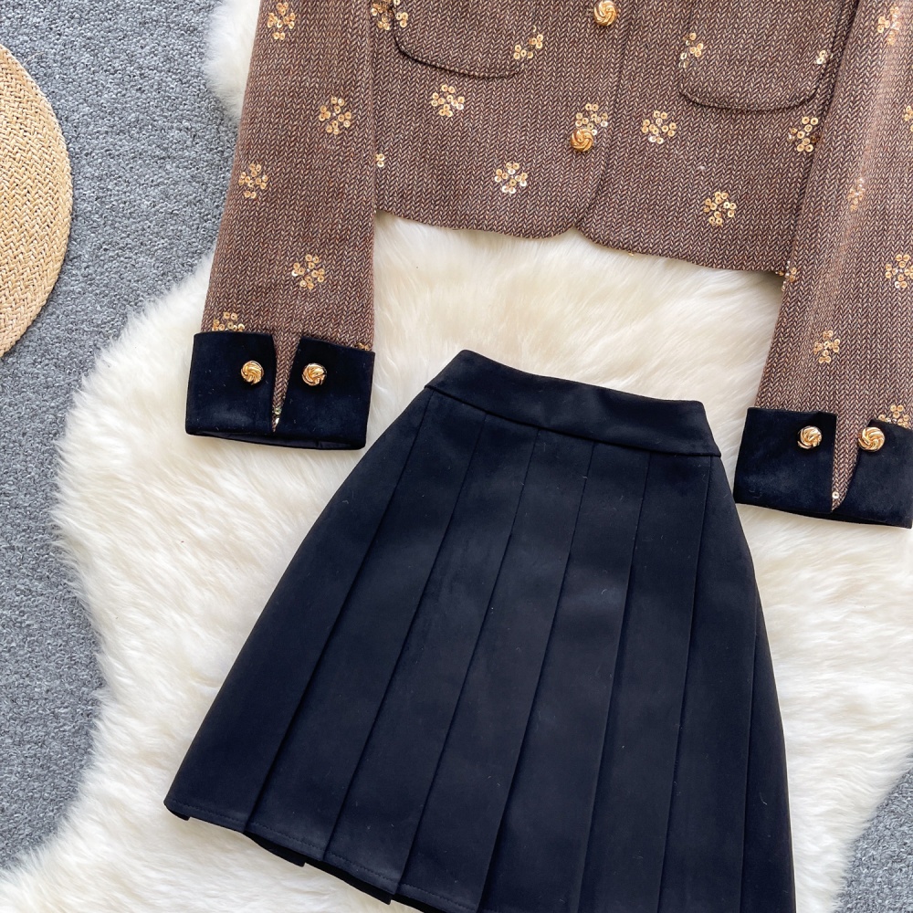 High waist embroidery coat short skirt 2pcs set