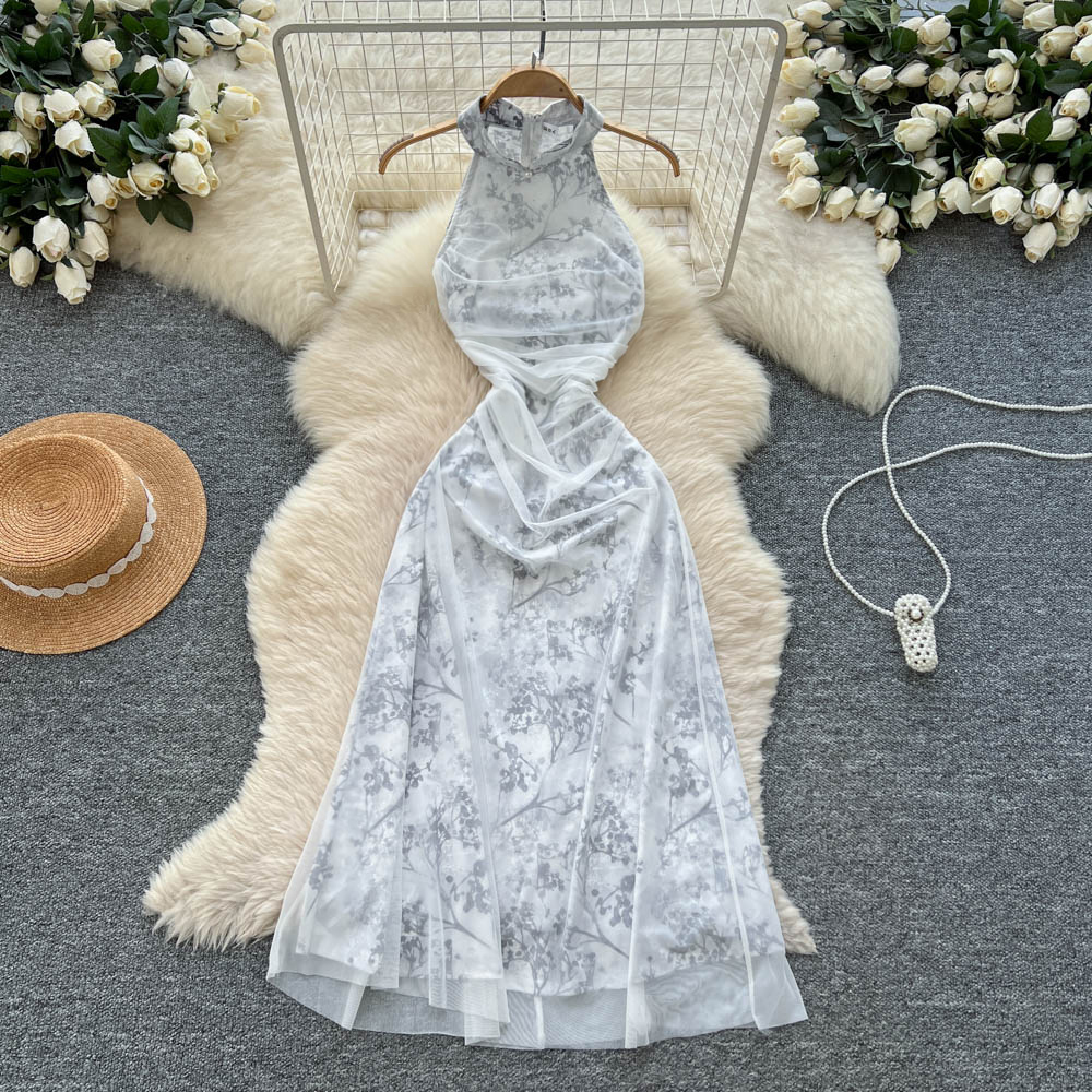 Gauze halter dress cstand collar cheongsam