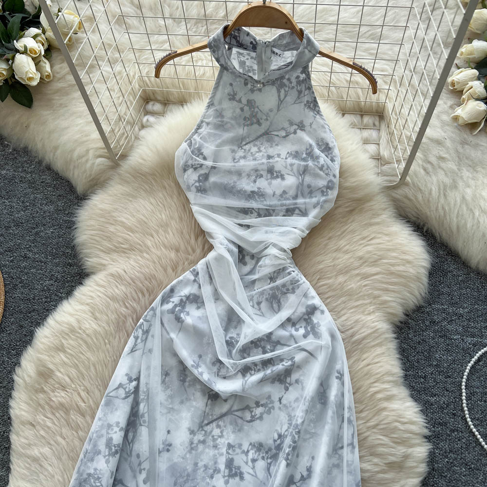 Gauze halter dress cstand collar cheongsam