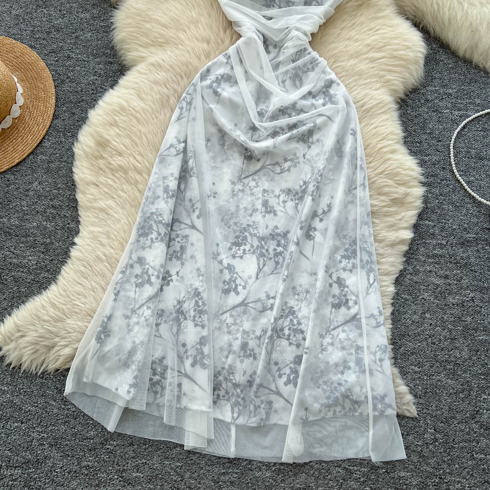 Gauze halter dress cstand collar cheongsam