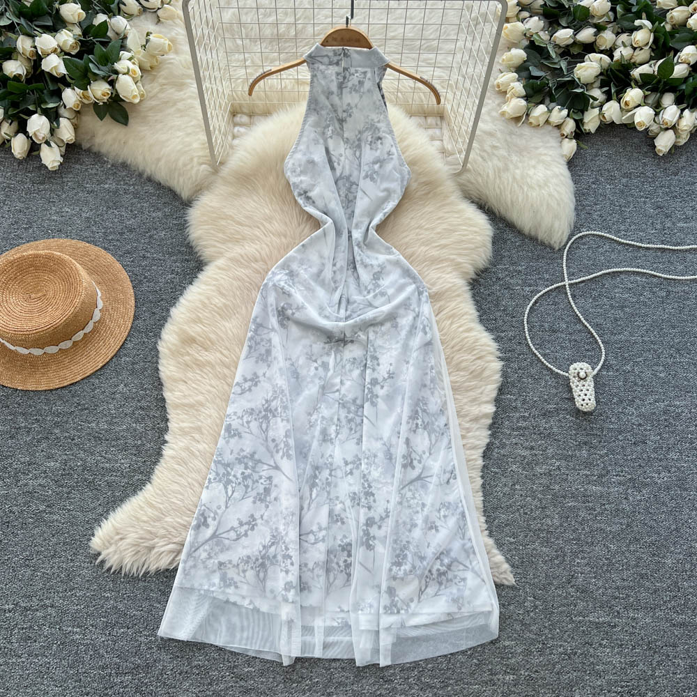 Gauze halter dress cstand collar cheongsam