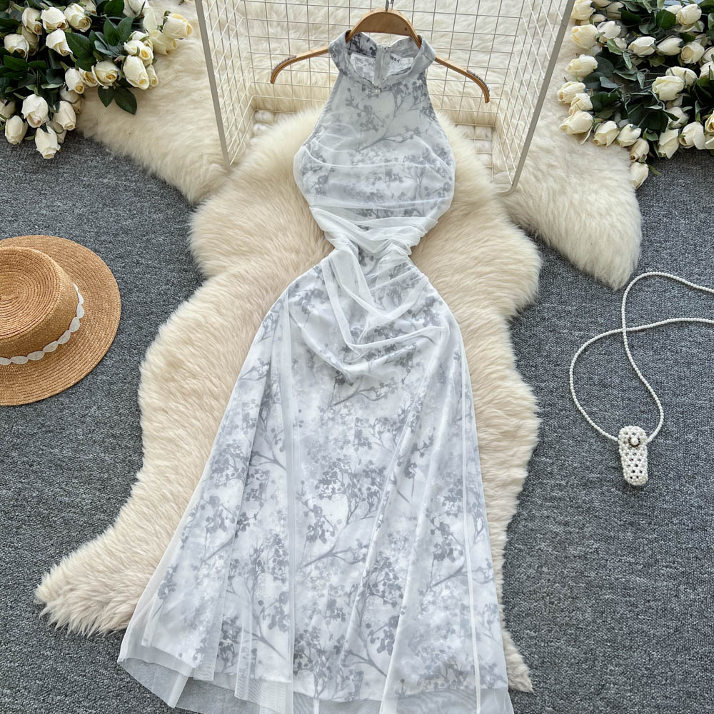 Gauze halter dress cstand collar cheongsam