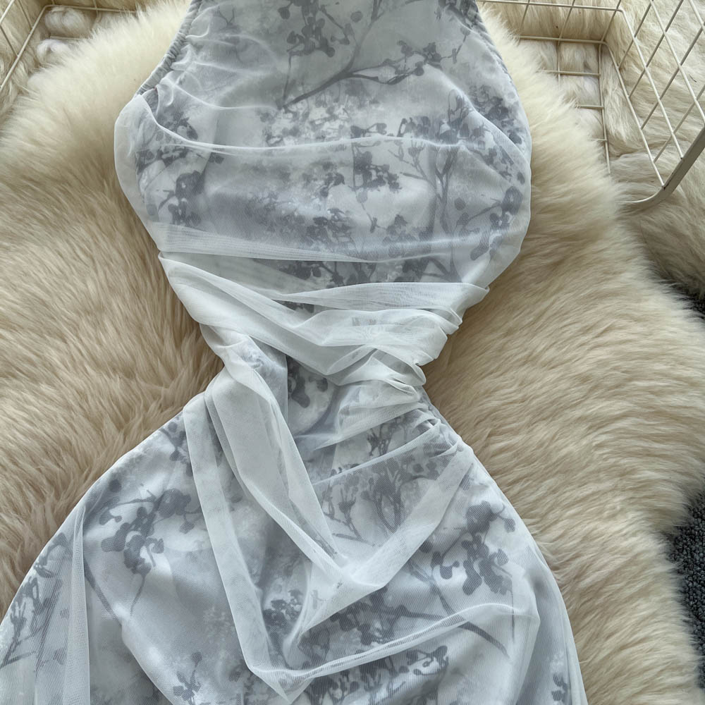 Gauze halter dress cstand collar cheongsam