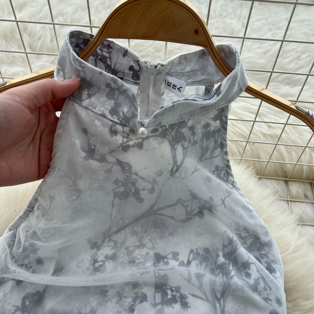 Gauze halter dress cstand collar cheongsam