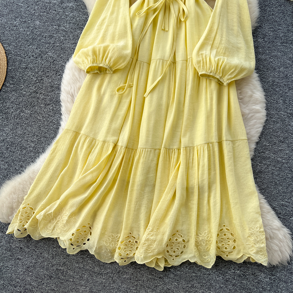 Autumn and winter embroidery frenum dress tender hollow long dress