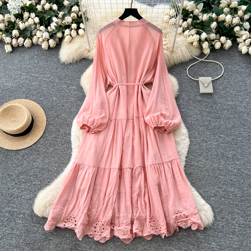 Autumn and winter embroidery frenum dress tender hollow long dress