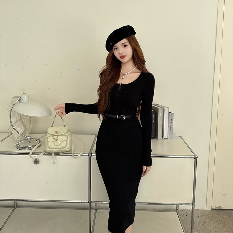 Pinched waist high waist dress U-neck belt for women