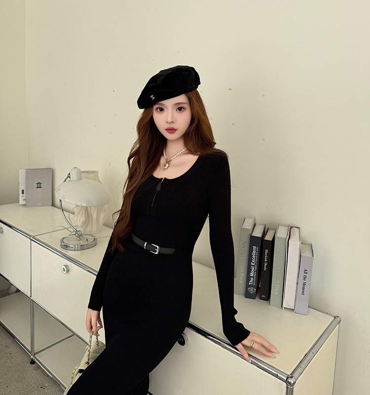 Pinched waist high waist dress U-neck belt for women
