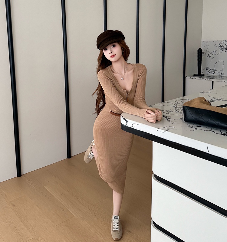 Pinched waist high waist dress U-neck belt for women