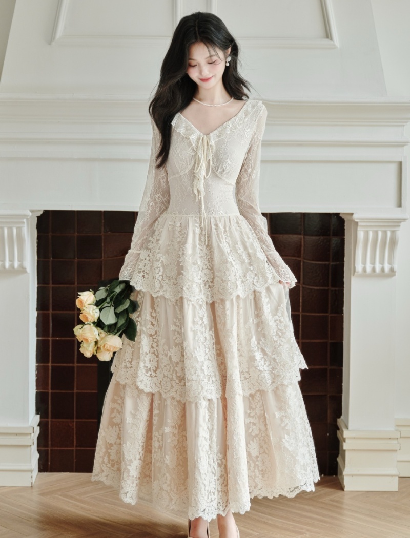 Bottoming lady France style autumn and winter lace dress