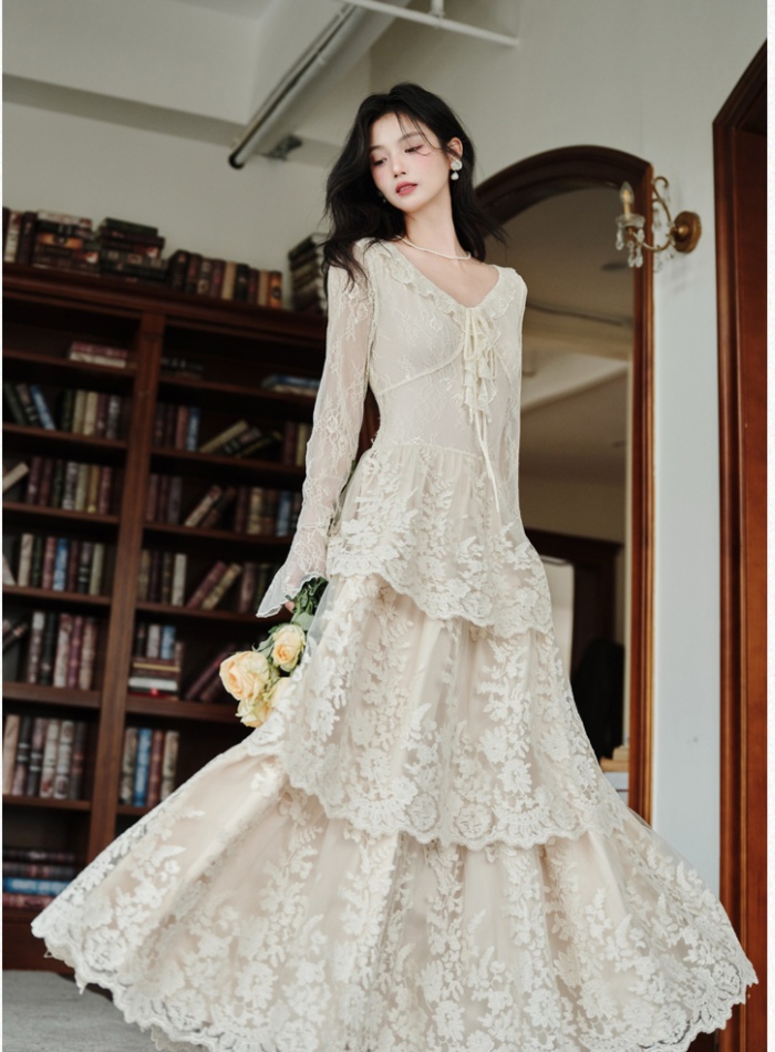Bottoming lady France style autumn and winter lace dress