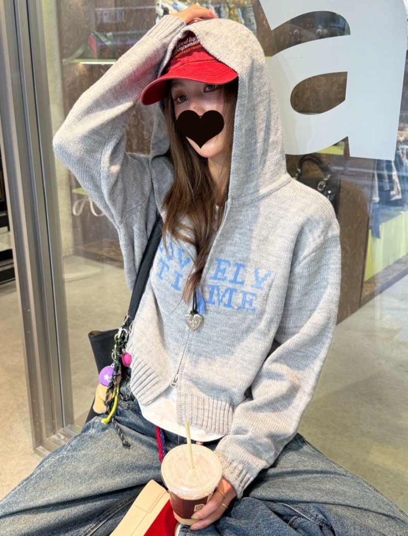 Short hooded knitted tops letters loose hoodie for women