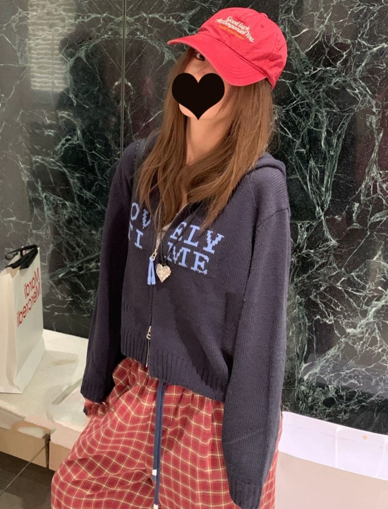 Short hooded knitted tops letters loose hoodie for women