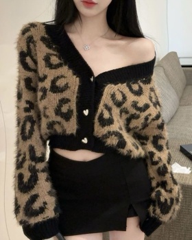 Short loose leopard coat retro knitted sweater for women