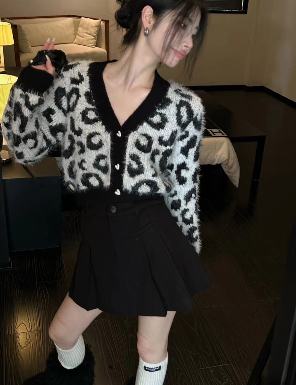 Short loose leopard coat retro knitted sweater for women