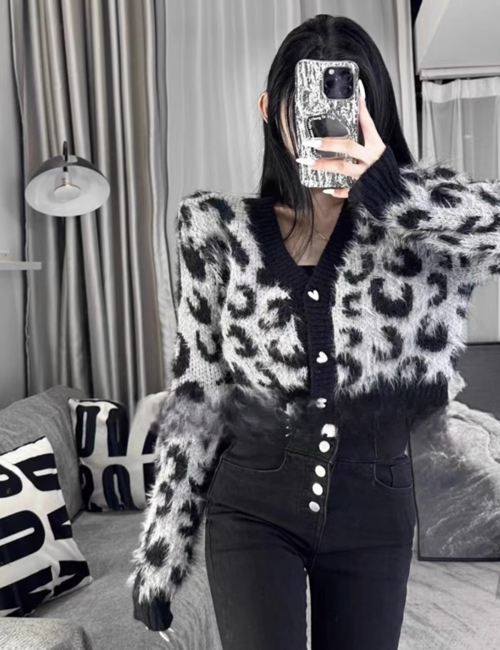 Short loose leopard coat retro knitted sweater for women