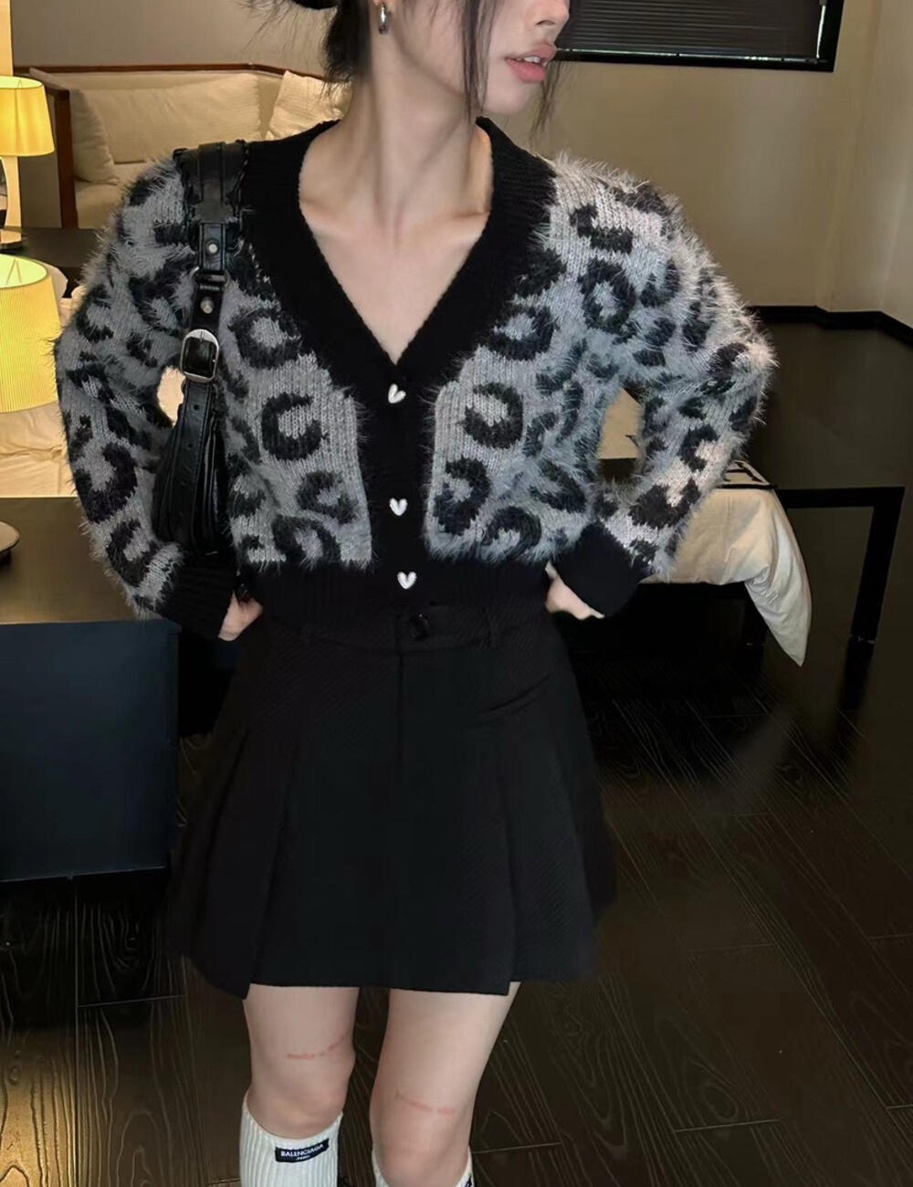 Short loose leopard coat retro knitted sweater for women