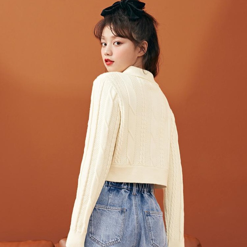 Lapel retro slim sweater lazy short cardigan for women