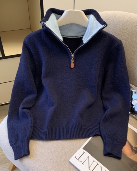 Contrast color collar Korean style sweater zip knitted tops