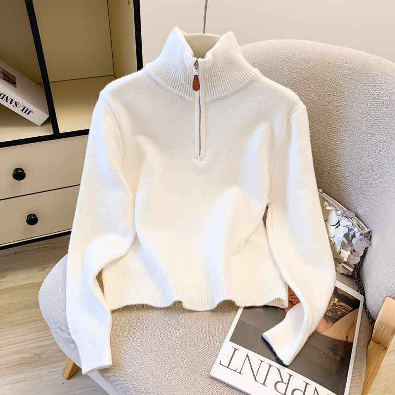Contrast color collar Korean style sweater zip knitted tops