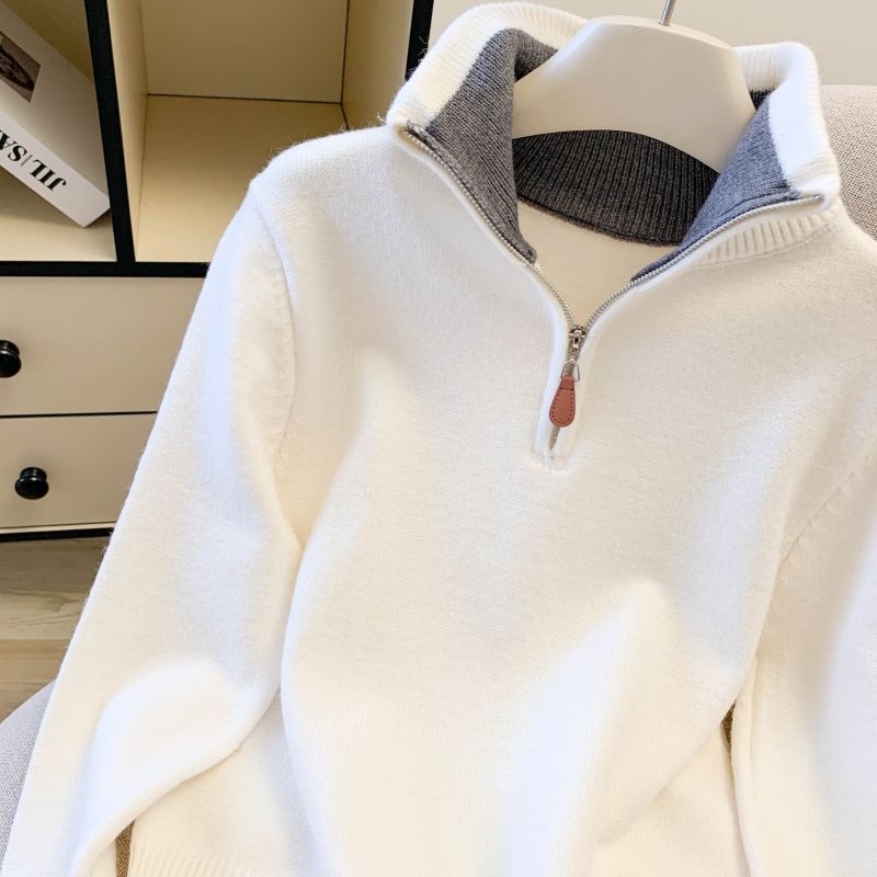 Contrast color collar Korean style sweater zip knitted tops