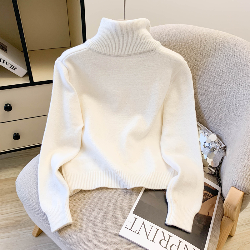 Contrast color collar Korean style sweater zip knitted tops