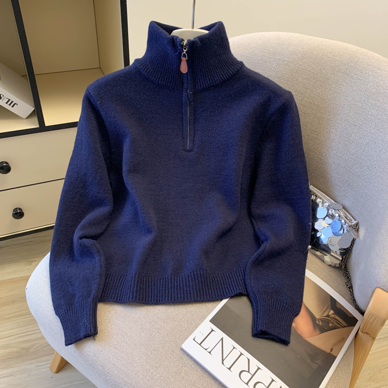 Contrast color collar Korean style sweater zip knitted tops