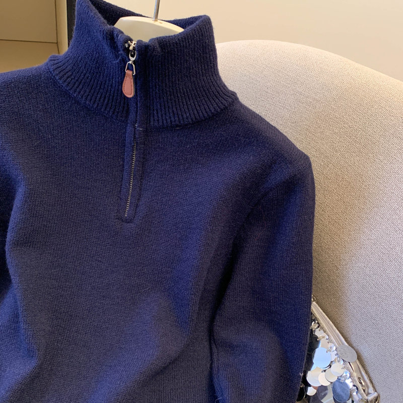 Contrast color collar Korean style sweater zip knitted tops