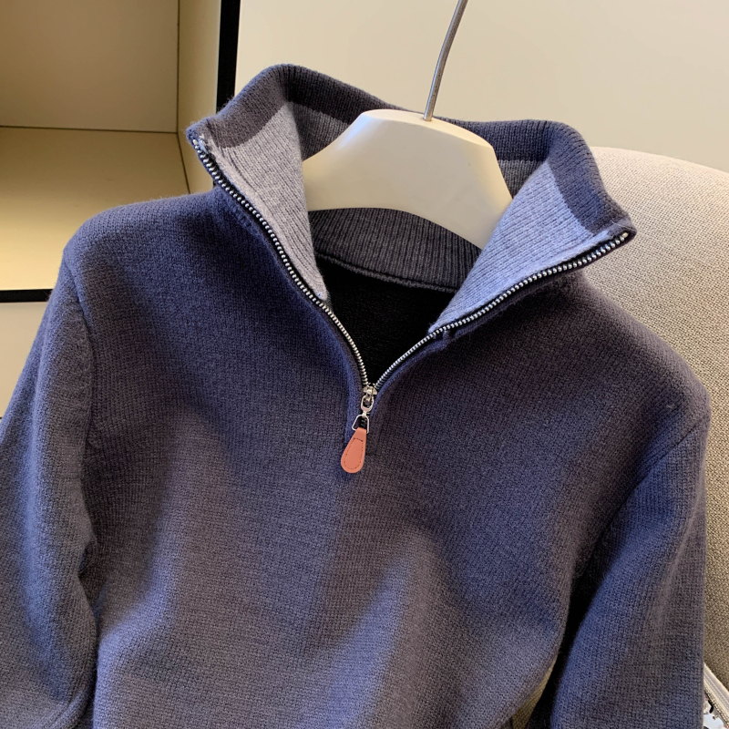 Contrast color collar Korean style sweater zip knitted tops
