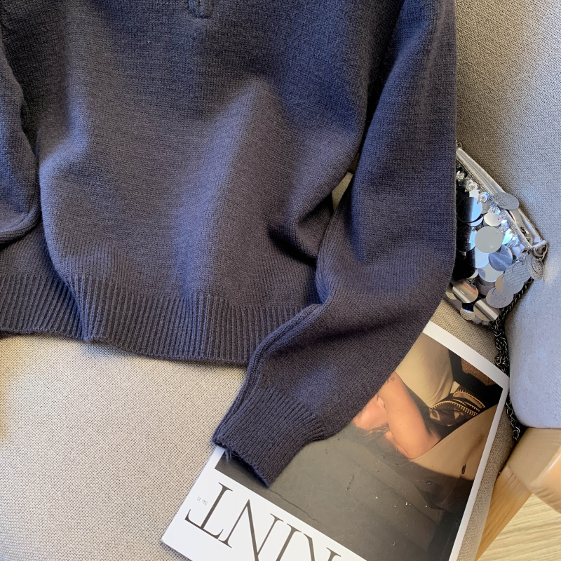 Contrast color collar Korean style sweater zip knitted tops